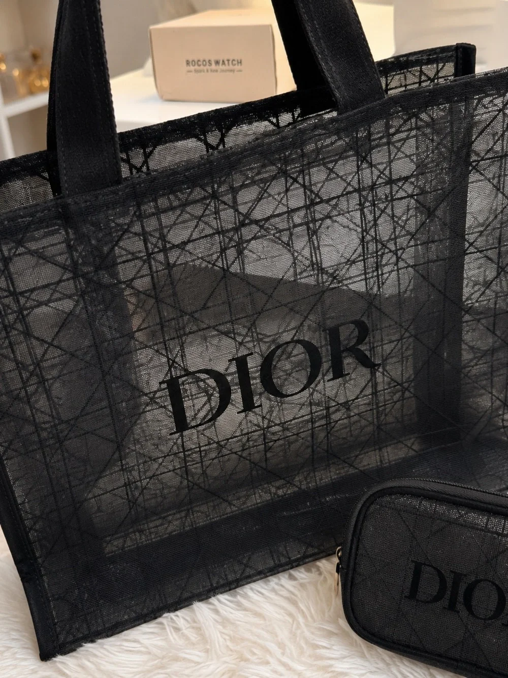 Dior Black Mesh Tote with Matching Black Pouch
